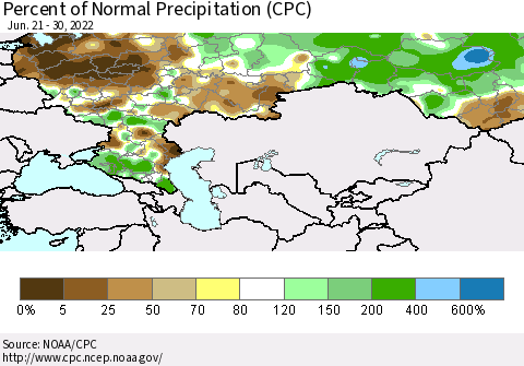 Russian Federation Percent of Normal Precipitation (CPC) Thematic Map For 6/21/2022 - 6/30/2022