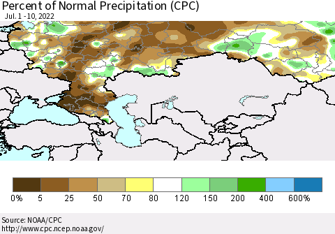 Russian Federation Percent of Normal Precipitation (CPC) Thematic Map For 7/1/2022 - 7/10/2022