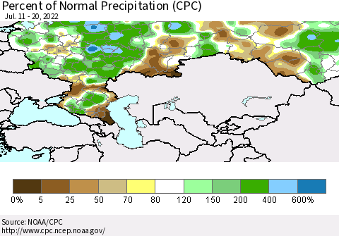 Russian Federation Percent of Normal Precipitation (CPC) Thematic Map For 7/11/2022 - 7/20/2022