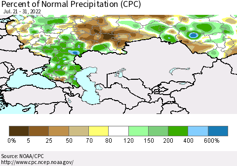 Russian Federation Percent of Normal Precipitation (CPC) Thematic Map For 7/21/2022 - 7/31/2022