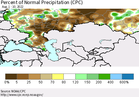 Russian Federation Percent of Normal Precipitation (CPC) Thematic Map For 8/1/2022 - 8/10/2022