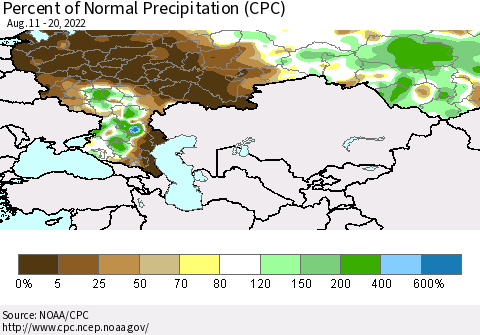 Russian Federation Percent of Normal Precipitation (CPC) Thematic Map For 8/11/2022 - 8/20/2022