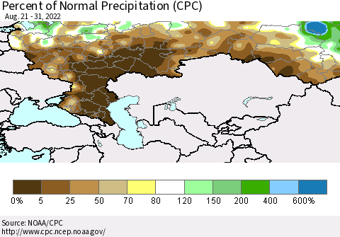 Russian Federation Percent of Normal Precipitation (CPC) Thematic Map For 8/21/2022 - 8/31/2022