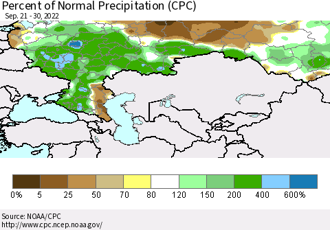 Russian Federation Percent of Normal Precipitation (CPC) Thematic Map For 9/21/2022 - 9/30/2022