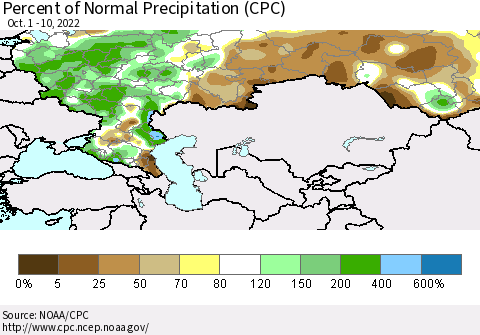 Russian Federation Percent of Normal Precipitation (CPC) Thematic Map For 10/1/2022 - 10/10/2022