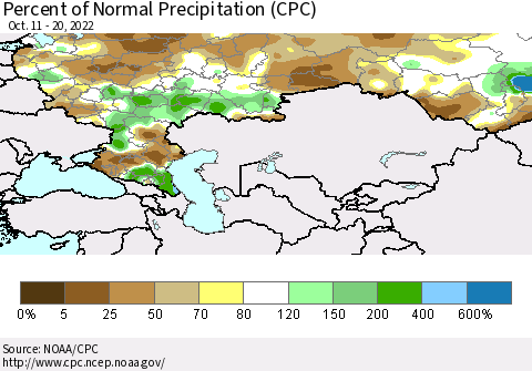 Russian Federation Percent of Normal Precipitation (CPC) Thematic Map For 10/11/2022 - 10/20/2022