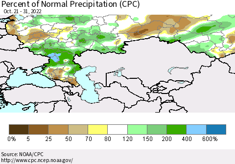 Russian Federation Percent of Normal Precipitation (CPC) Thematic Map For 10/21/2022 - 10/31/2022