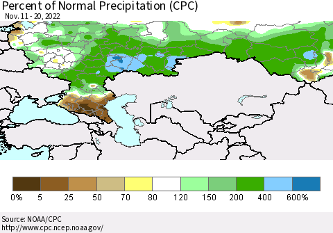 Russian Federation Percent of Normal Precipitation (CPC) Thematic Map For 11/11/2022 - 11/20/2022