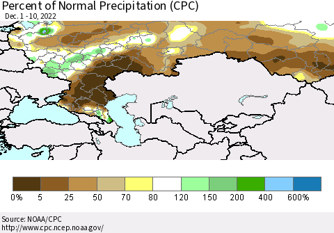 Russian Federation Percent of Normal Precipitation (CPC) Thematic Map For 12/1/2022 - 12/10/2022