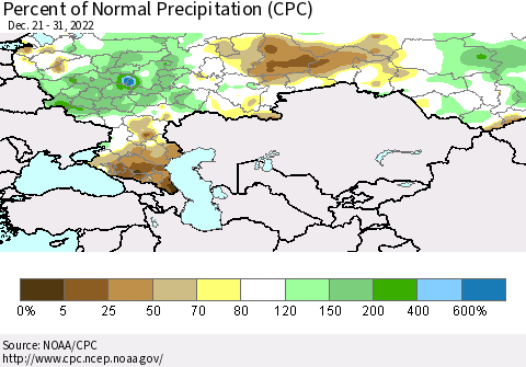 Russian Federation Percent of Normal Precipitation (CPC) Thematic Map For 12/21/2022 - 12/31/2022