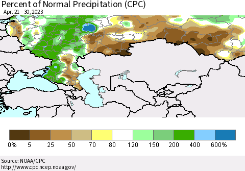 Russian Federation Percent of Normal Precipitation (CPC) Thematic Map For 4/21/2023 - 4/30/2023