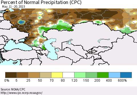Russian Federation Percent of Normal Precipitation (CPC) Thematic Map For 5/11/2023 - 5/20/2023