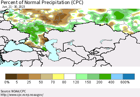 Russian Federation Percent of Normal Precipitation (CPC) Thematic Map For 6/21/2023 - 6/30/2023