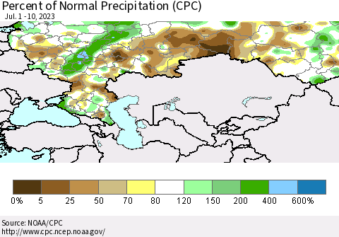 Russian Federation Percent of Normal Precipitation (CPC) Thematic Map For 7/1/2023 - 7/10/2023