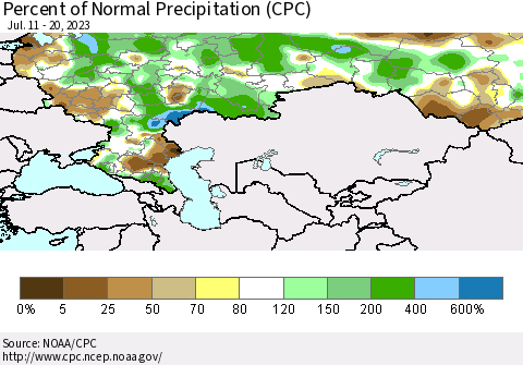 Russian Federation Percent of Normal Precipitation (CPC) Thematic Map For 7/11/2023 - 7/20/2023