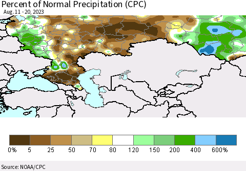 Russian Federation Percent of Normal Precipitation (CPC) Thematic Map For 8/11/2023 - 8/20/2023
