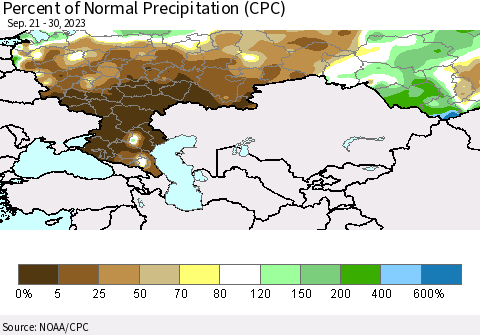Russian Federation Percent of Normal Precipitation (CPC) Thematic Map For 9/21/2023 - 9/30/2023