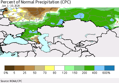 Russian Federation Percent of Normal Precipitation (CPC) Thematic Map For 1/1/2024 - 1/10/2024