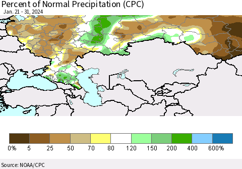 Russian Federation Percent of Normal Precipitation (CPC) Thematic Map For 1/21/2024 - 1/31/2024