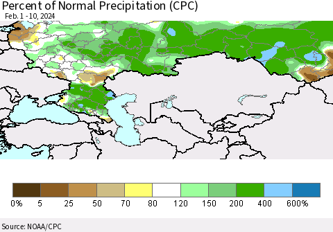 Russian Federation Percent of Normal Precipitation (CPC) Thematic Map For 2/1/2024 - 2/10/2024