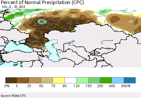 Russian Federation Percent of Normal Precipitation (CPC) Thematic Map For 2/21/2024 - 2/29/2024