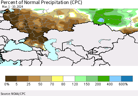 Russian Federation Percent of Normal Precipitation (CPC) Thematic Map For 3/1/2024 - 3/10/2024