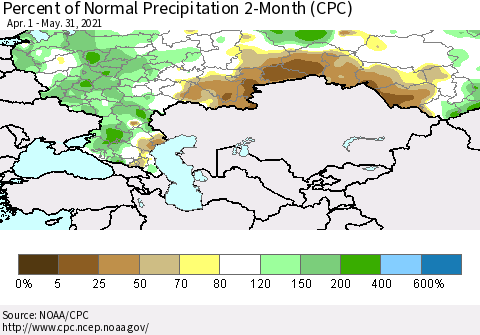 Russian Federation Percent of Normal Precipitation 2-Month (CPC) Thematic Map For 4/1/2021 - 5/31/2021
