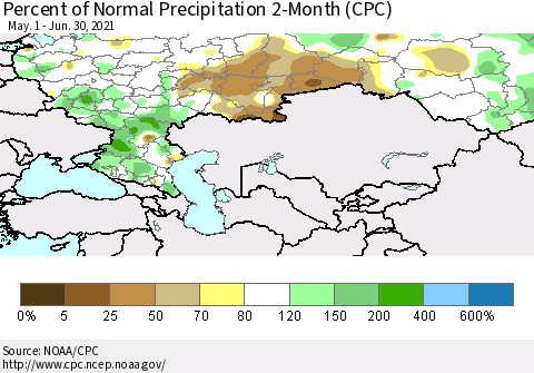 Russian Federation Percent of Normal Precipitation 2-Month (CPC) Thematic Map For 5/1/2021 - 6/30/2021