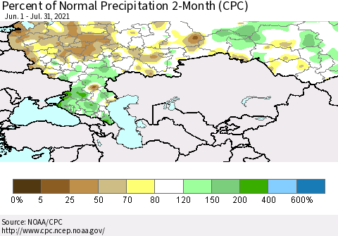 Russian Federation Percent of Normal Precipitation 2-Month (CPC) Thematic Map For 6/1/2021 - 7/31/2021