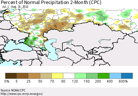 Russian Federation Percent of Normal Precipitation 2-Month (CPC) Thematic Map For 7/1/2021 - 8/31/2021