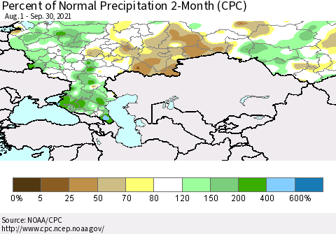 Russian Federation Percent of Normal Precipitation 2-Month (CPC) Thematic Map For 8/1/2021 - 9/30/2021