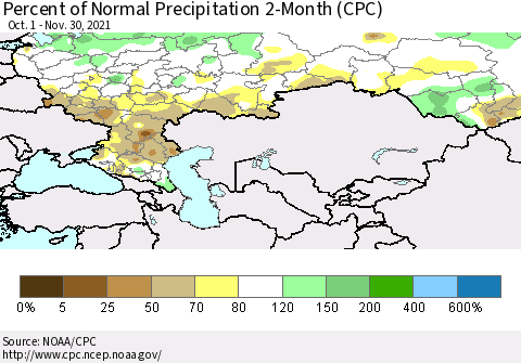 Russian Federation Percent of Normal Precipitation 2-Month (CPC) Thematic Map For 10/1/2021 - 11/30/2021