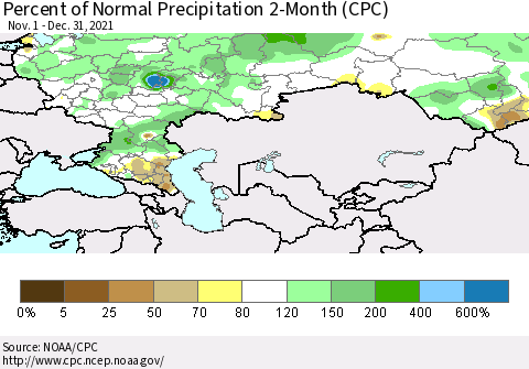 Russian Federation Percent of Normal Precipitation 2-Month (CPC) Thematic Map For 11/1/2021 - 12/31/2021