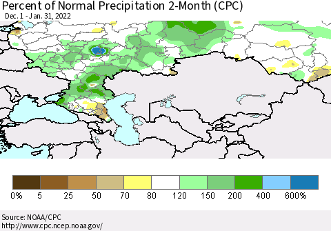Russian Federation Percent of Normal Precipitation 2-Month (CPC) Thematic Map For 12/1/2021 - 1/31/2022