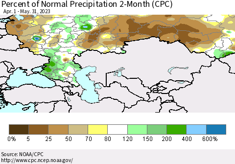 Russian Federation Percent of Normal Precipitation 2-Month (CPC) Thematic Map For 4/1/2023 - 5/31/2023