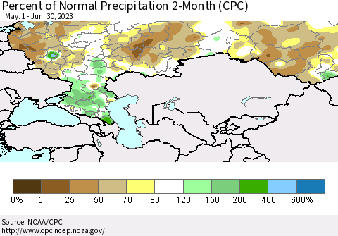 Russian Federation Percent of Normal Precipitation 2-Month (CPC) Thematic Map For 5/1/2023 - 6/30/2023