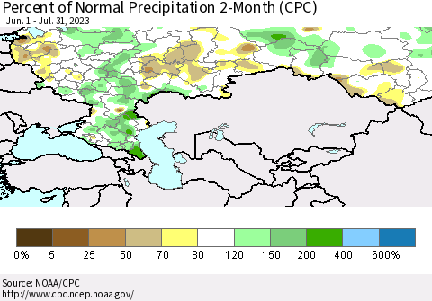 Russian Federation Percent of Normal Precipitation 2-Month (CPC) Thematic Map For 6/1/2023 - 7/31/2023