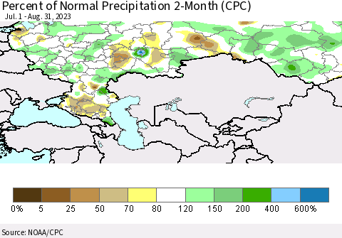 Russian Federation Percent of Normal Precipitation 2-Month (CPC) Thematic Map For 7/1/2023 - 8/31/2023