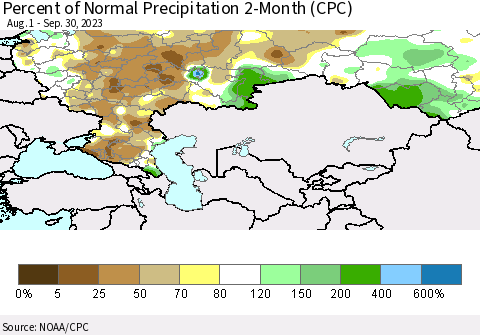 Russian Federation Percent of Normal Precipitation 2-Month (CPC) Thematic Map For 8/1/2023 - 9/30/2023
