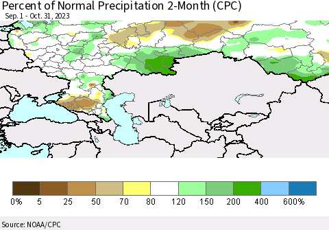 Russian Federation Percent of Normal Precipitation 2-Month (CPC) Thematic Map For 9/1/2023 - 10/31/2023