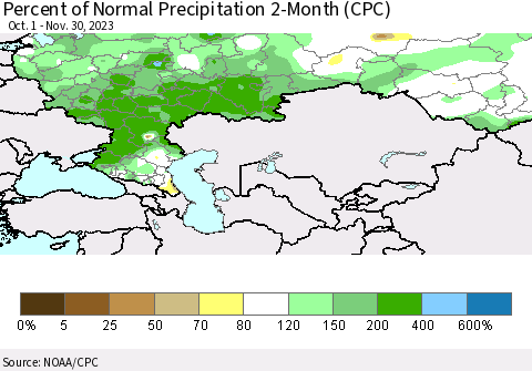 Russian Federation Percent of Normal Precipitation 2-Month (CPC) Thematic Map For 10/1/2023 - 11/30/2023