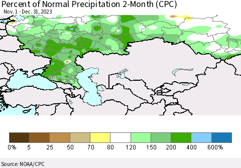 Russian Federation Percent of Normal Precipitation 2-Month (CPC) Thematic Map For 11/1/2023 - 12/31/2023