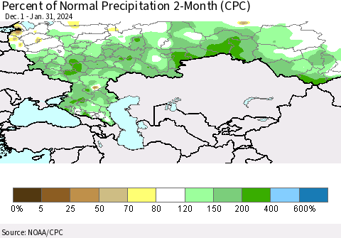 Russian Federation Percent of Normal Precipitation 2-Month (CPC) Thematic Map For 12/1/2023 - 1/31/2024