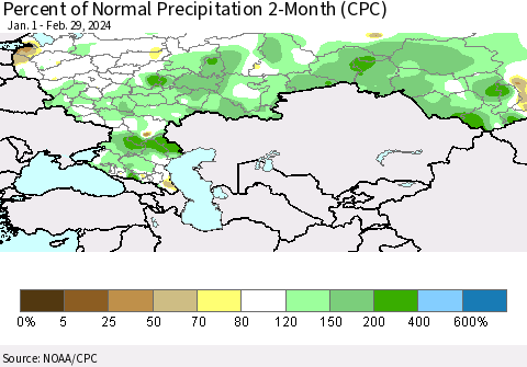 Russian Federation Percent of Normal Precipitation 2-Month (CPC) Thematic Map For 1/1/2024 - 2/29/2024