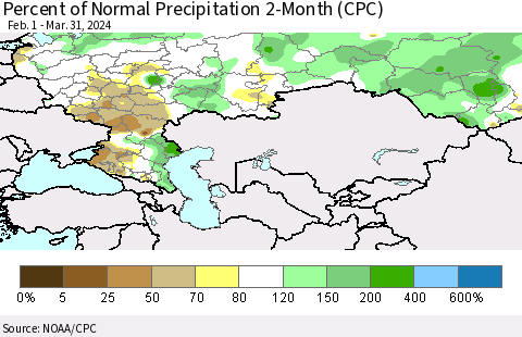 Russian Federation Percent of Normal Precipitation 2-Month (CPC) Thematic Map For 2/1/2024 - 3/31/2024