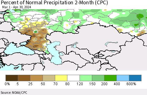Russian Federation Percent of Normal Precipitation 2-Month (CPC) Thematic Map For 3/1/2024 - 4/30/2024