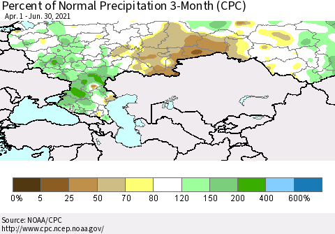 Russian Federation Percent of Normal Precipitation 3-Month (CPC) Thematic Map For 4/1/2021 - 6/30/2021