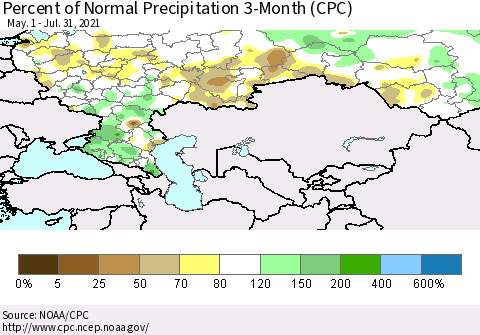 Russian Federation Percent of Normal Precipitation 3-Month (CPC) Thematic Map For 5/1/2021 - 7/31/2021