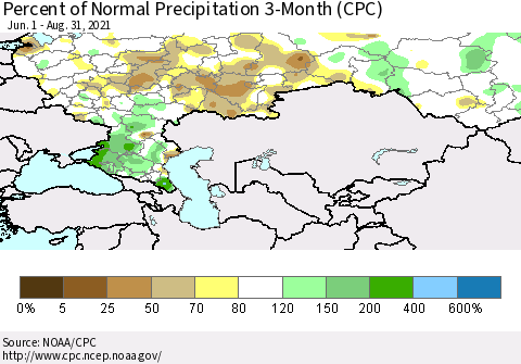 Russian Federation Percent of Normal Precipitation 3-Month (CPC) Thematic Map For 6/1/2021 - 8/31/2021