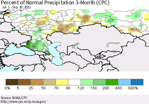 Russian Federation Percent of Normal Precipitation 3-Month (CPC) Thematic Map For 7/1/2021 - 9/30/2021